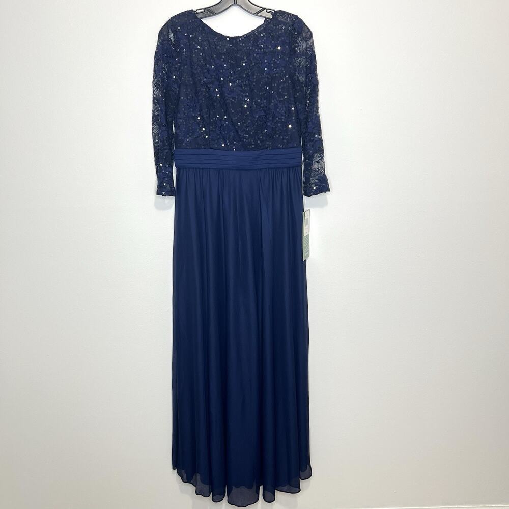 Jackie Jon New York Womens 12 Navy Blue Lace Sequin 3/4 Sleeve Formal Gown Maxi